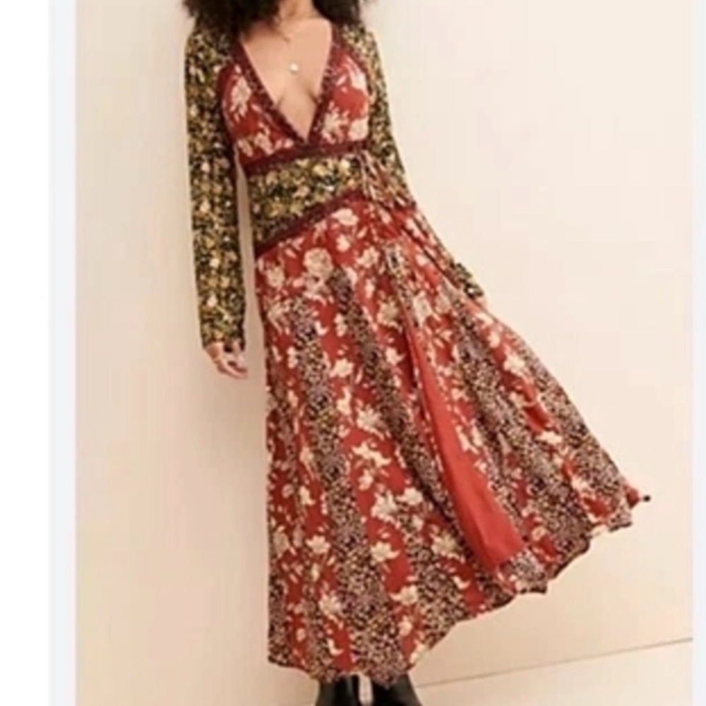 Free People Red and Black Floral Long Sleeve Dress